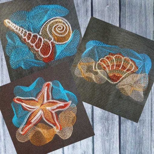 mussel, snail, starfish machine embroidery