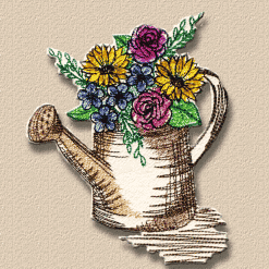 Watering can with spring flowers machine embroidery